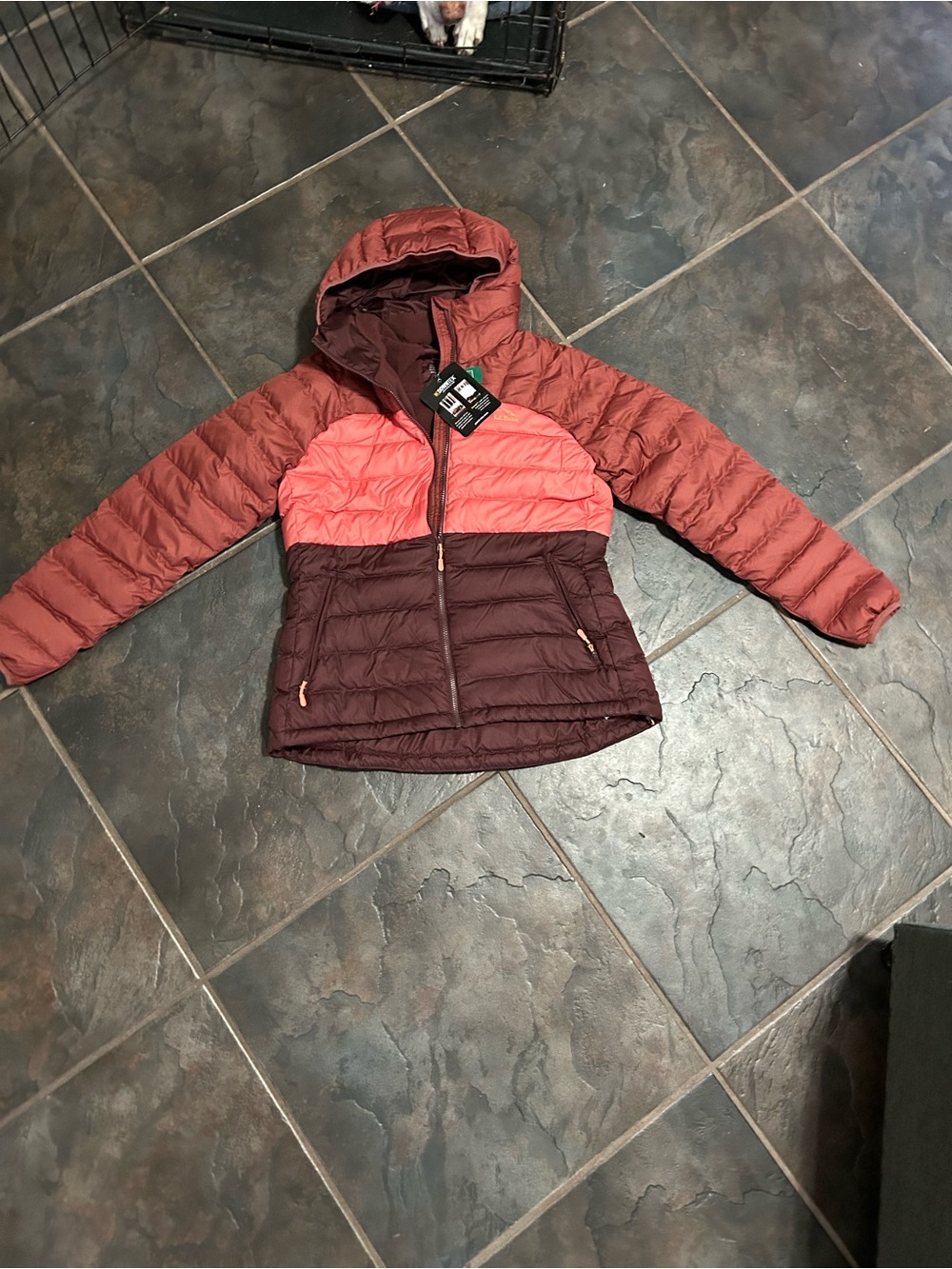 L.L. Bean Girls' Colorblock Hooded Puffer Jacket - Rust, Coral & Burgundy